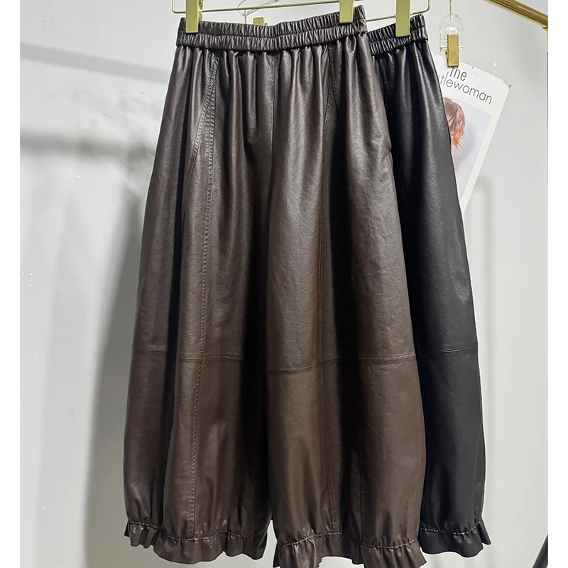 Leather Trousers Spring Summer Ladies Vegetable Tanned Sheepskin Cropped Pants Elastic Waist Loose Casual Flower Bud Bloomers
