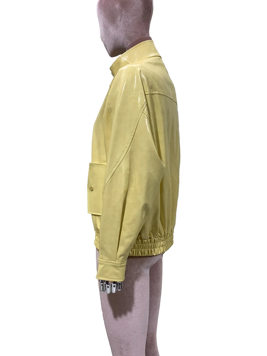 Spring Autumn Cool Short Windproof Shiny Bright Yellow Faux Leather Jacket Women Zipper Stand Collar Luxury Y2K Streetwear 2025