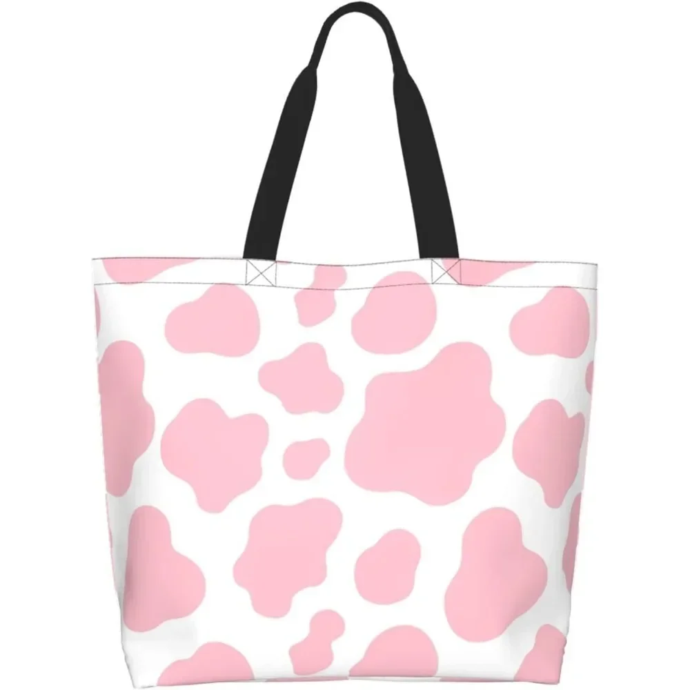 

Pink Cowhide Printed Large Tote Bag For Women Reusable Grocery Bags Waterproof Shopping Handbag With For Travel Beach Gym