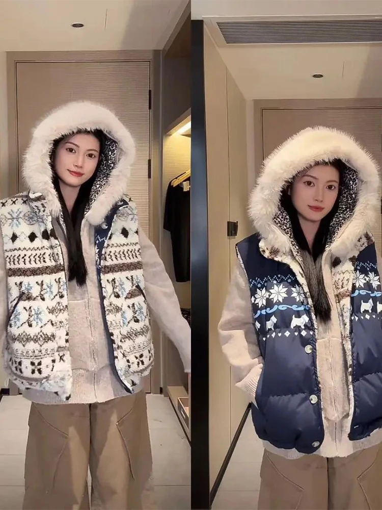 

Double-Sided Wear Fce Cotton Jaet Men's Winter American Retro College Sle oulder Padl Vest Warm Thiened Hooded ...