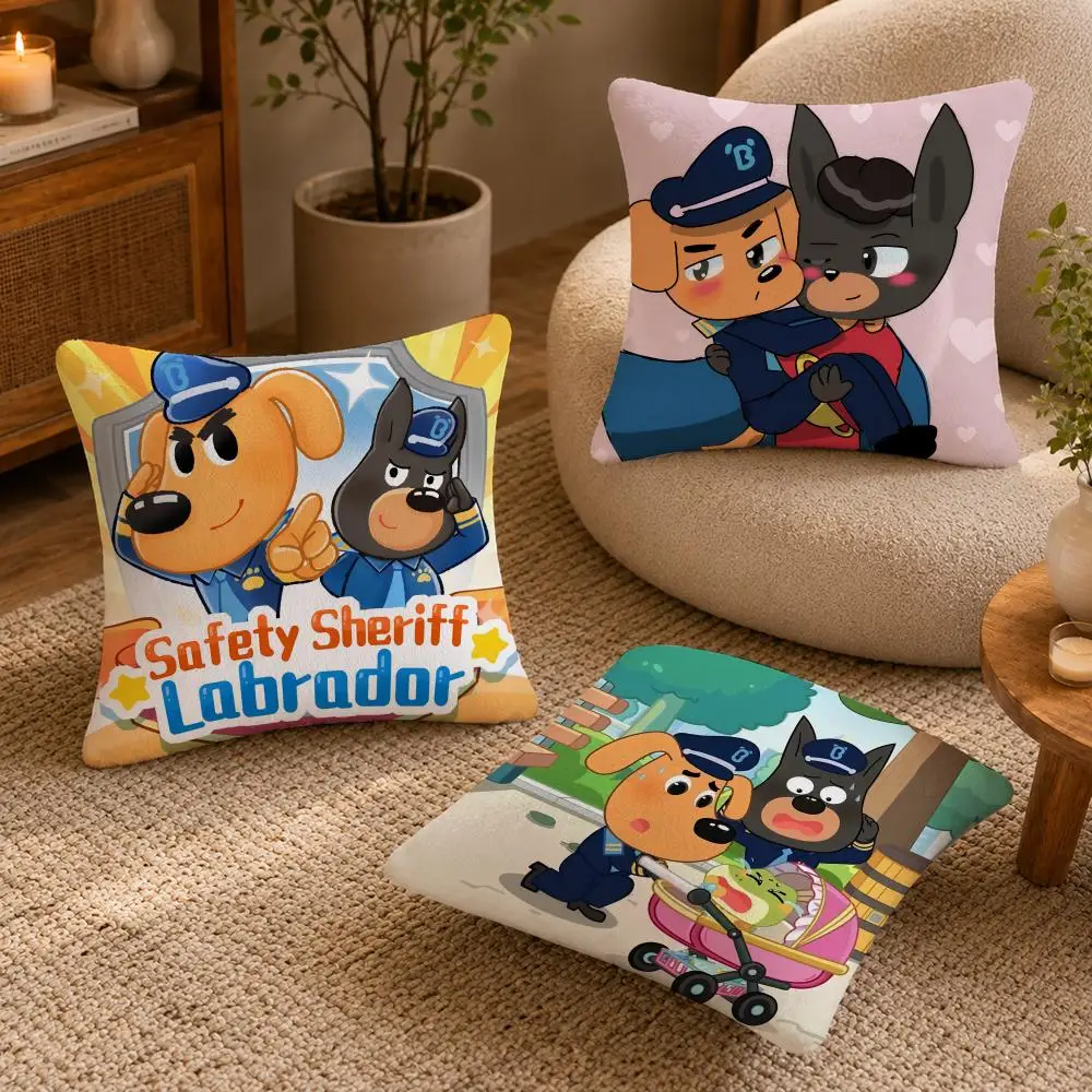 Cute S-Safety Sheriff L-Labrador Cushion Cover Soft Short Plush Pillow Case Double Sided Print Washable Sofa Bed Home Decor Gift
