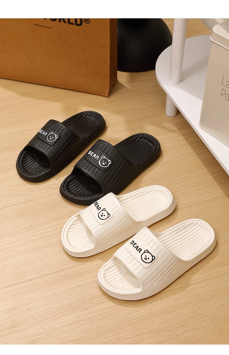 Cute Bear Summer Slippers Women Men Soft EVA Thick Platform Slides Non-Slip Quick-Drying Bathroom Shower Shoes Indoor Home Mule