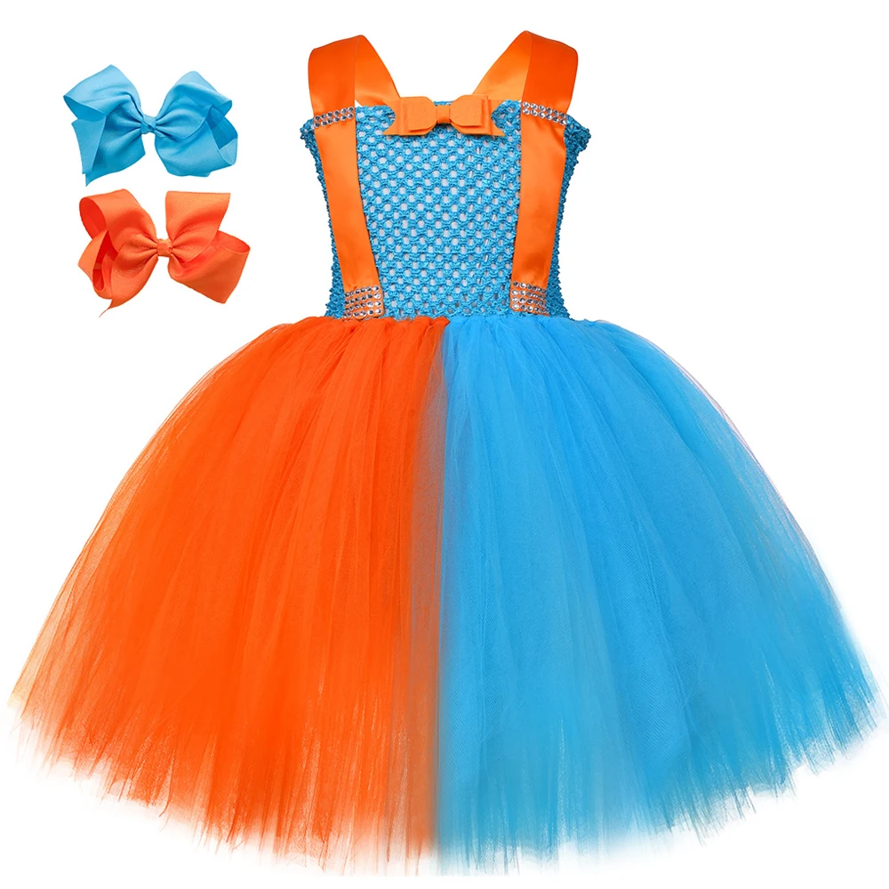 Baby Meisjes Engelse Cartoons Blippi Verkleedkostuums Voor Kinderen Oranje Skyblue Tutu Outfit Met Hoed Bril Bretels Kleding Set