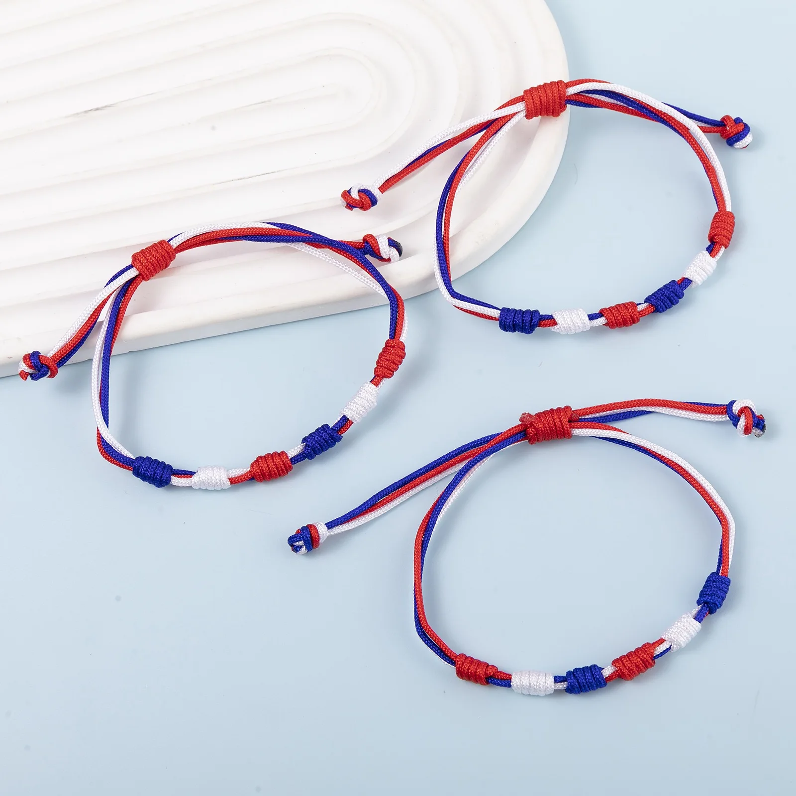 A 12-Piece Set of Hand-Woven Rope for French and American Flags, Adjustable Bracelet for Friendship Between Men and Women