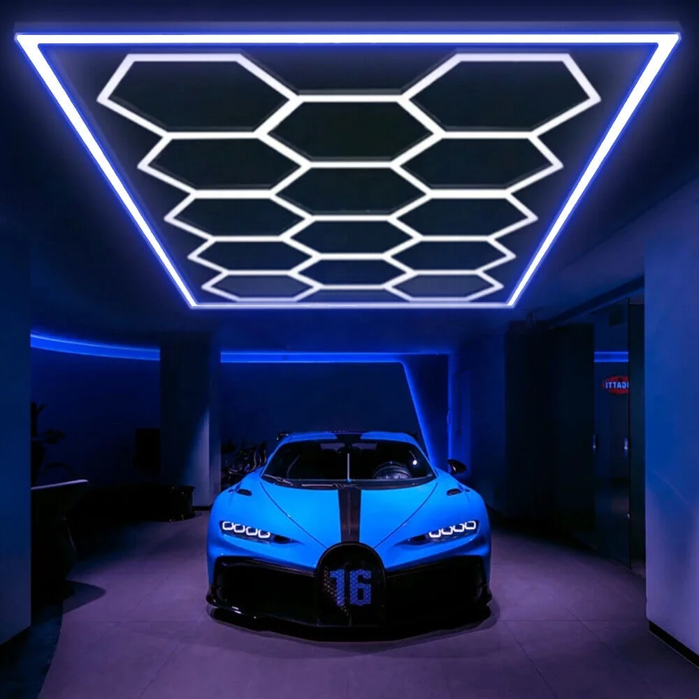 RGB Ceiling Chandelier Honeycomb Garage Lamp Led Hexagon Ceiling Lights Hanging Detailing Garage Lamp Gym Modular Ceiling