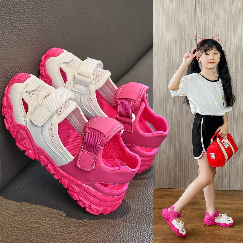 Girls Sport Sandals Kids Fashion 2022 New Summer Mesh Assorted Breathable Hollow Beach Shoes Children Hook & Loop Girls Sneakers