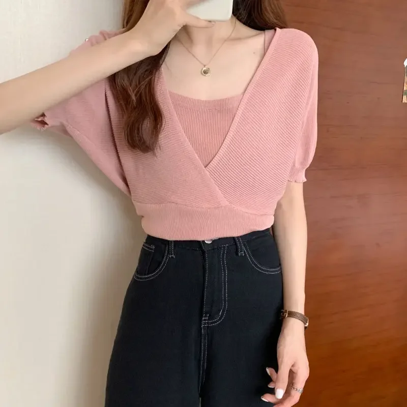 ZHUANQING Summer Fashion Solid Casual Vest Pullover camicetta da donna falso vestito a due pezzi manica corta Slim Tees Top semplice delicato