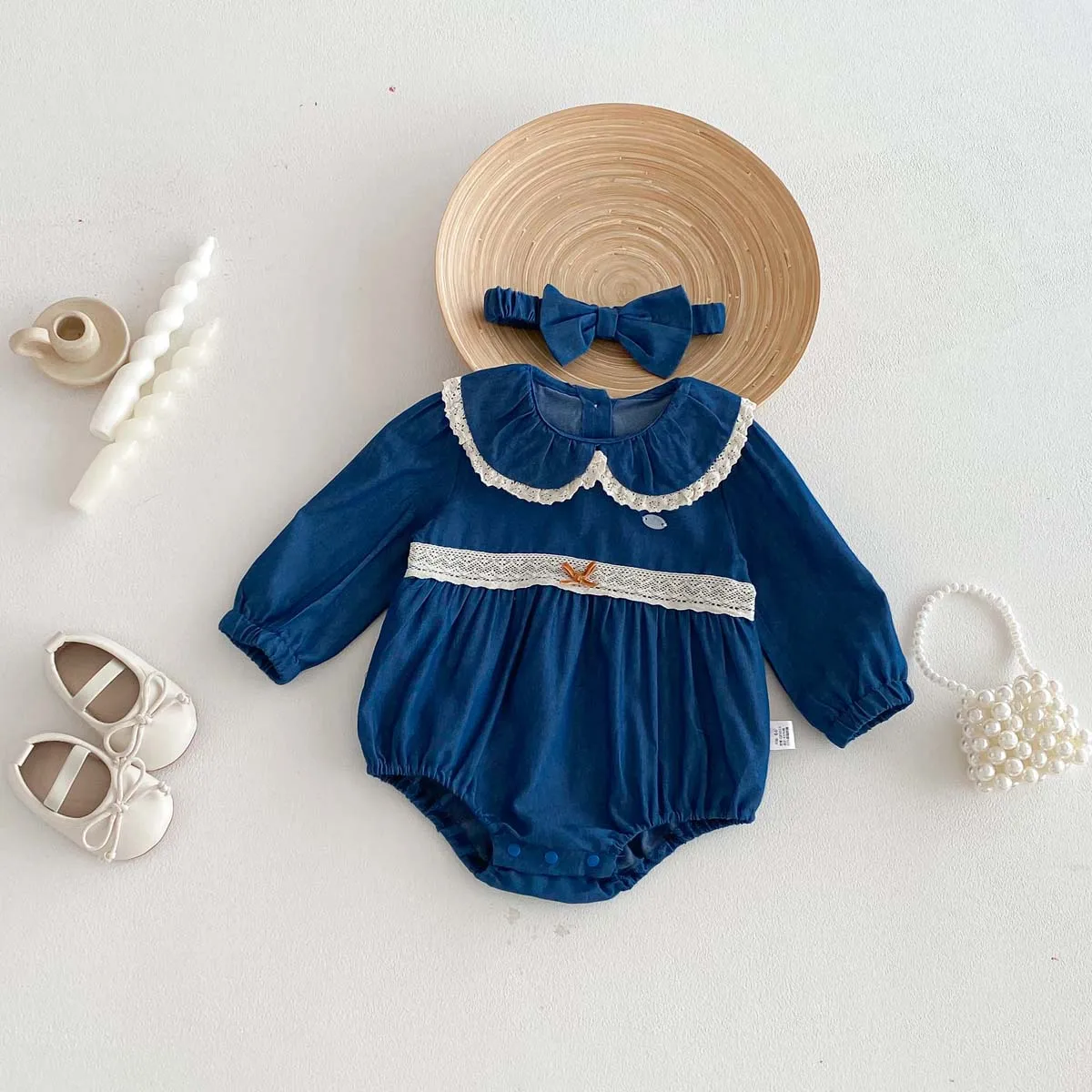 Baby Girl Korean Lace Lapel Denim Jumpsuit for Spring and Autumn, Baby Girl Simple and Comfortable Denim Long Sleeve Jumpsuit, V