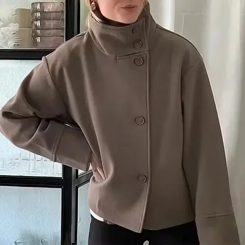 

Осень-зима, Новое поступление, женское модное свободное шерстяное пальто с воротником-стойкой и одной пуговицей, дизайн для поездок на работу Sle ort Le...