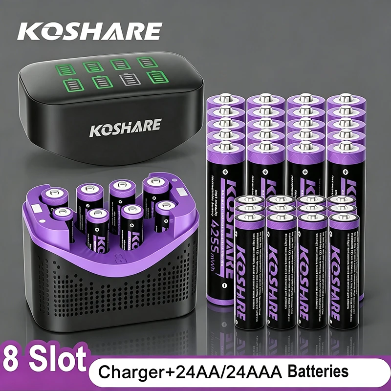 KOSHARE 8-Slot 1.5V Constant Voltage Smart Charger Set With LCD Display For AA/AAA 4255mWh 1100mWh Rechargeable Lithium Battery