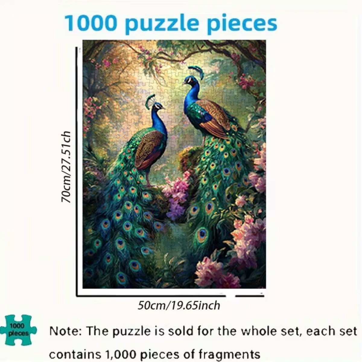 1000pcs paper jigsaw puzzle, with numbers on the back, family fun adult puzzle. Peacock Art Canvas Print 27.56x19.69inch, Vibr