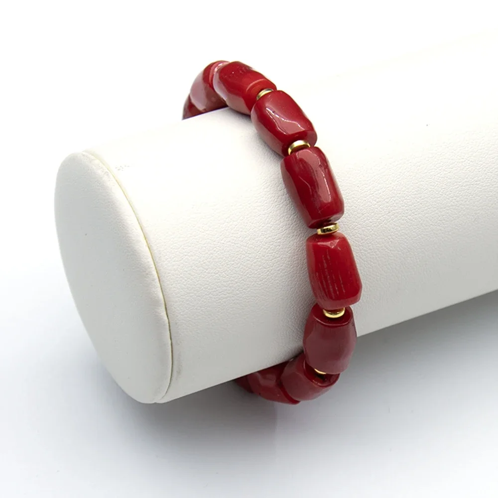 9-14 مللي متر المرجان الطبيعي سوار اللون الأحمر الخرز أسطواني الشكل مع اللون الذهبي خزر عازل الرجال والنساء هدية عيد ميلاد #1