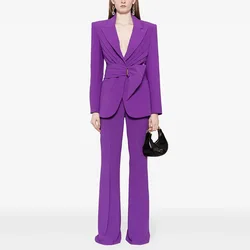 Conjunto de traje púrpura de 2 piezas para mujer, chaqueta de diseñador con cinturón, ropa de trabajo, vestido de graduación con bolsillo, pantalones acampanados, Primavera