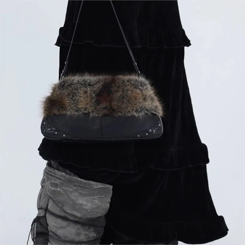 

JIAERDI винтажные черные плюшевые сумки на плечо для женщин, милая крутая сумка с шипами и вышивкой звезд, женская сумка Y2k в стиле панк для подмышек