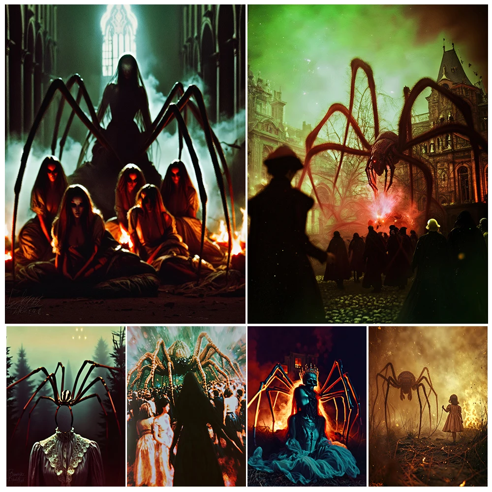 Spider Monster Invasion Horror Wall Art Canvas Painting,Creepy Spider Witch Pagan Art Poster And Print Home Decoration Unframed
