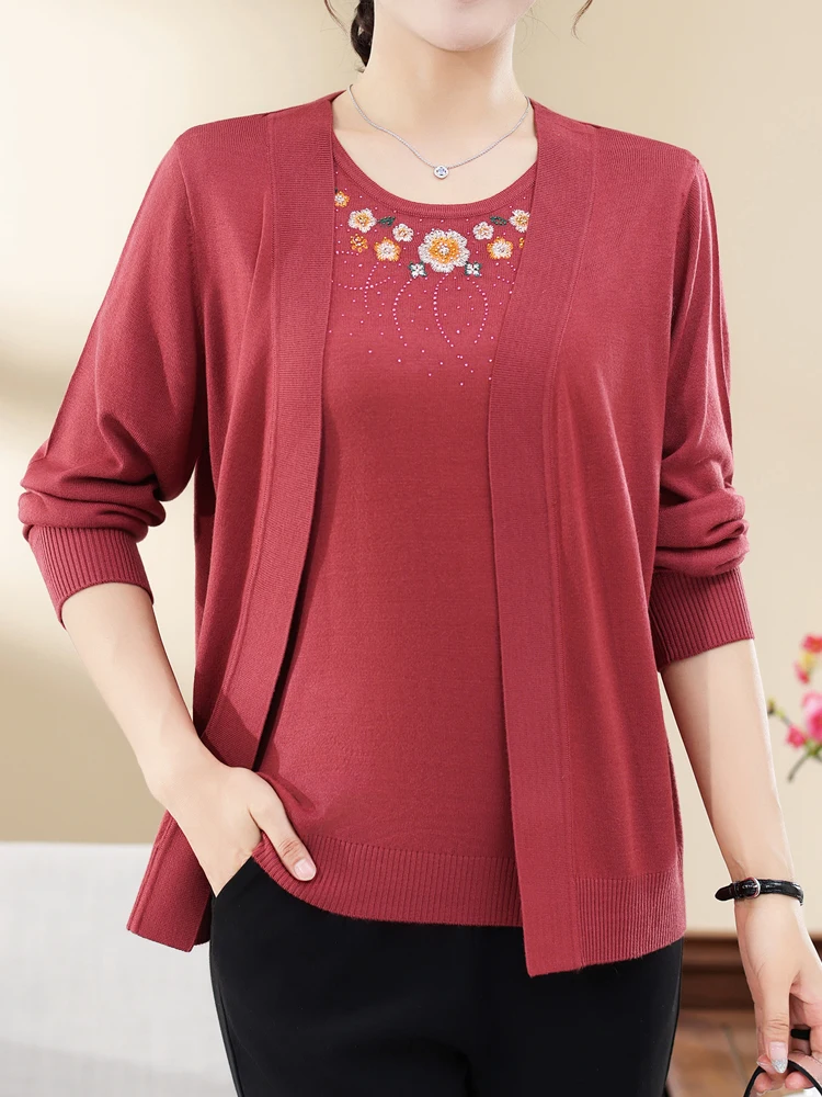 

Real Two Pieces Sets Sweater Women 2025 Autumn Spring Long Sleeve Sweater High Quality Embroidery Tshirt+Cardigan Set