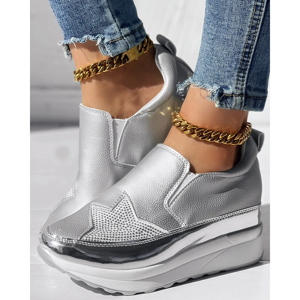 Women Going Out Colorblock Rhinestone Decor Sneakers Platform Slip On Sports Shoes Spring Fashion Casual Round Toe Flats Mujer