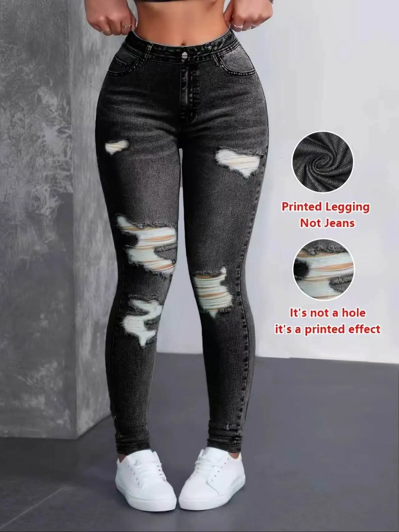 Printed Leggings - Non-Denim Fabric, Full Faux Denim Printed Leggings, with Fake Pocket and Button Prints, High Elasticity, New