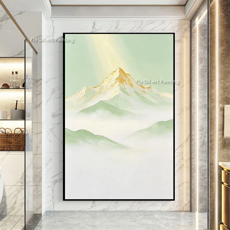 Handmade Green Mountains White Fog View Oil Painting Modern Simple Design White Yellow Sunrise Landscape Wall Art Items For Deco