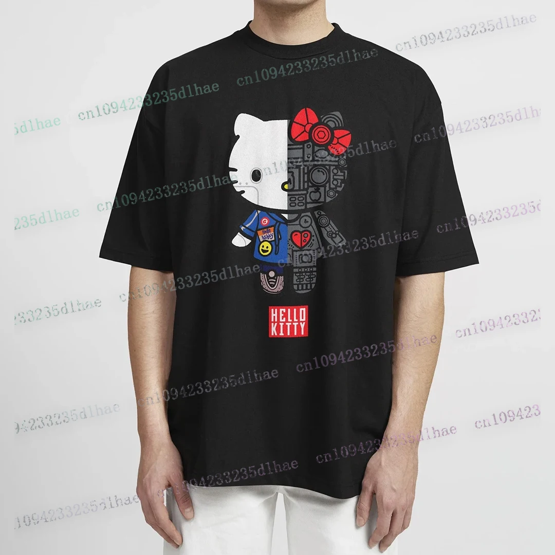 الفضاء خربش مرحبا كيتي المحملة أنيمي قميص رجالي الكرتون القط تي شيرت Harajuku Kawaii الصيف تيز ملابس قطنية هدية فكرة تيز
