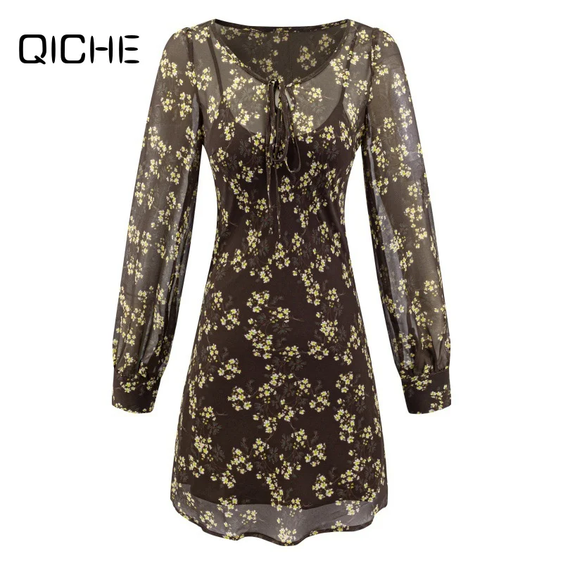 QICHE New Women Retro Elegant Dress French‑Retro Niche Printed Long‑Sleeve Designer‑Vibe Slim‑Fit Figure‑Flattering Ladies Skirt