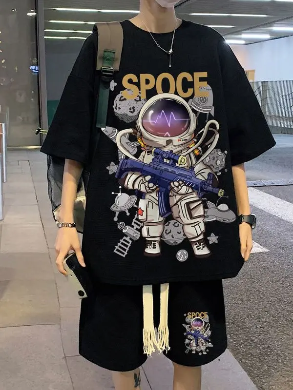 

Повседневный спортивный костюм с рисунком медведя в стиле хип-хоп, мужской летний костюм 2025, новый тренд, универсальный полный комплект для подростков