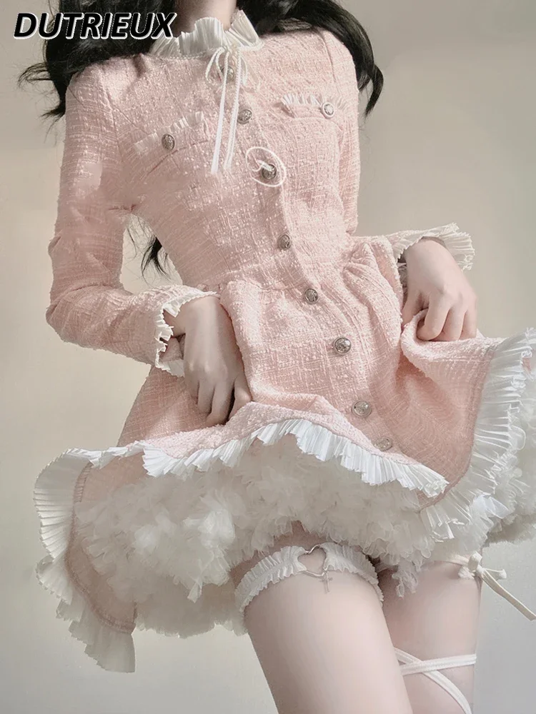 

Spring 2024 Autumn New French Style Pink Tweed Dress for Women Female Lolita Sweet Princess Vintage Ruffled Pleated Dresses