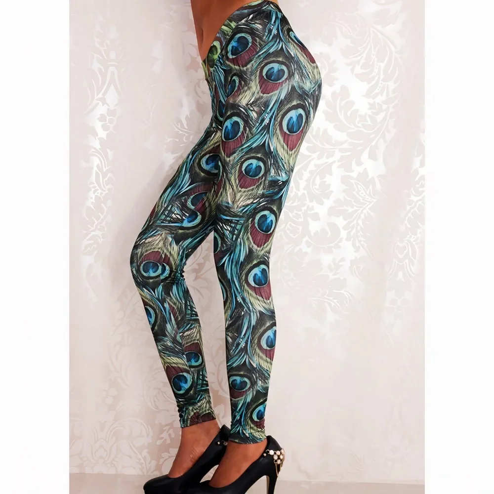 Womens Peacock Feather Print Leggings 3D Digital Colorful Pattern High Waisted Stretchy Yoga Pants