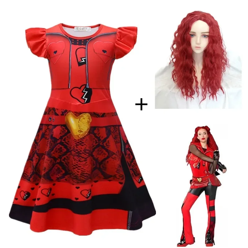 D-Descendants 4 Red and Chloe Cosplay Costume Kids Movie The Rise of Red Dress Wig Girls Halloween Carnival Party Dress Up