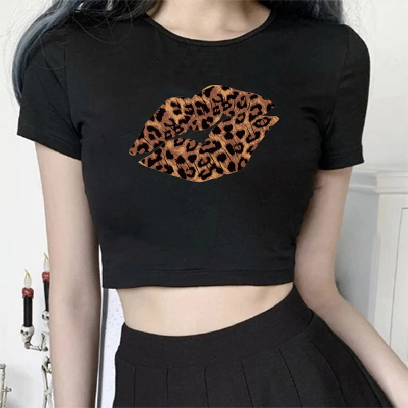 Seeyoushy Lips Leopard Print Women T-shirts Fashion Navel Short Tee Shirts Femme Harajuku Graphic Cropped Tops Y2k Streetwear