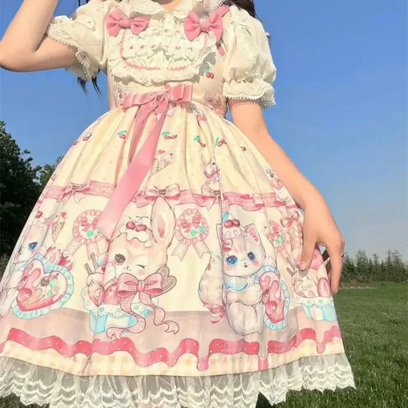 Coslan japonés dulce Lolita OP vestido de verano para niñas lindo lazo de encaje fresa conejito vestidos de fiesta de té mujeres Harajuku Kawaii Chic V