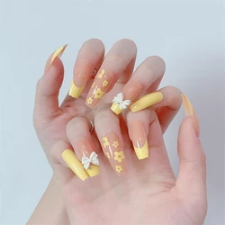24Pcs/Set Goose Yellow Cream Flower Acrylic Fake Nails French Wearing False Nails Art Full Coverage Press on Nails Removable