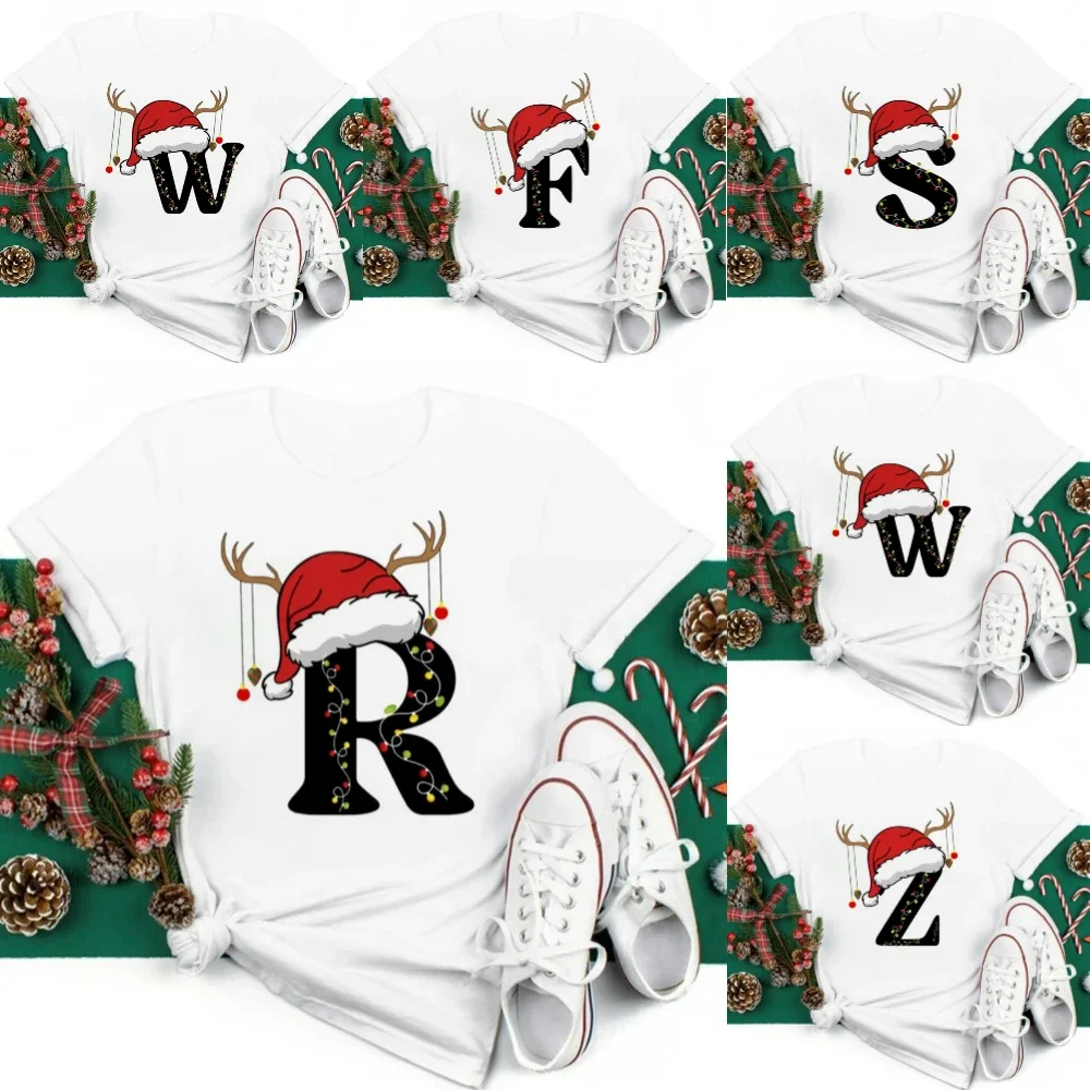 Christmas Hat A To Z Letters Oversize Tshirt Christmas Family Gathering Activity Short-sleeved Shirt Oversize Streetwear Fashion
