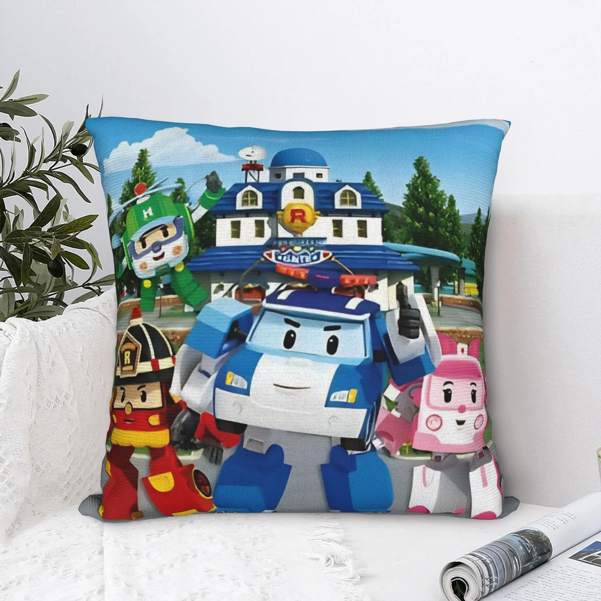 Robocars Polis Square Pillow Covers Polyester Seat Roy Poli Amber  Cushion Cover Cute Decorative Throw Pillow Case 40*40
