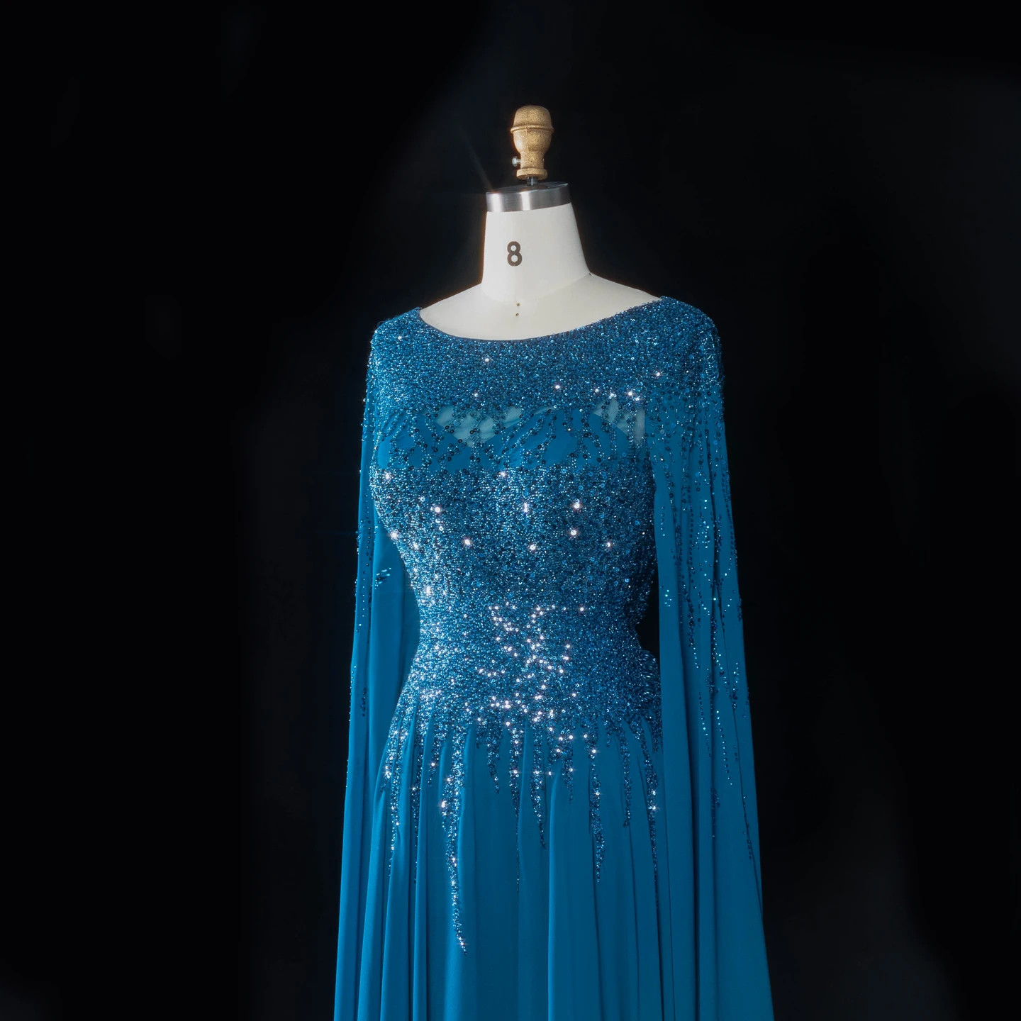 Sharon Said Abendkleid Luxuriöses A-Linien-Kleid mit Pailletten, Cape-Ärmeln und Perlen für Hochzeit, Abschlussball, Dubai, formelle Party, Ballkleid SS105, maßgeschneidert – Detail 12