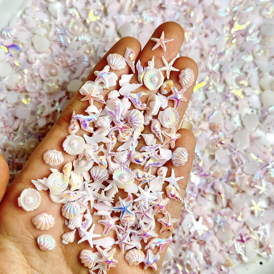 50 piezas de strass para uñas de playa de verano, tema océano, conchas, estrellas de mar, encantos de manicura, gemas rosas de océano, espalda plana, suministros para uñas