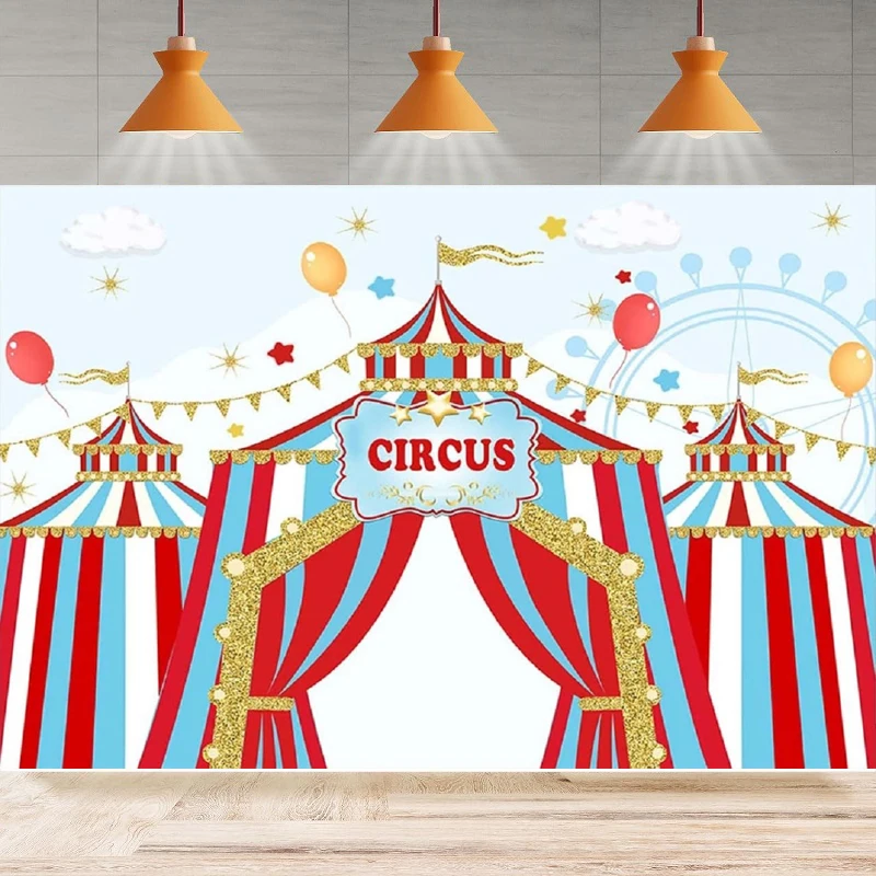 Photography Backdrop Blue Sky Red White Striped Tent Ferris Wheel Circus Kids Birthday Background Party Backdrop Wall Banner