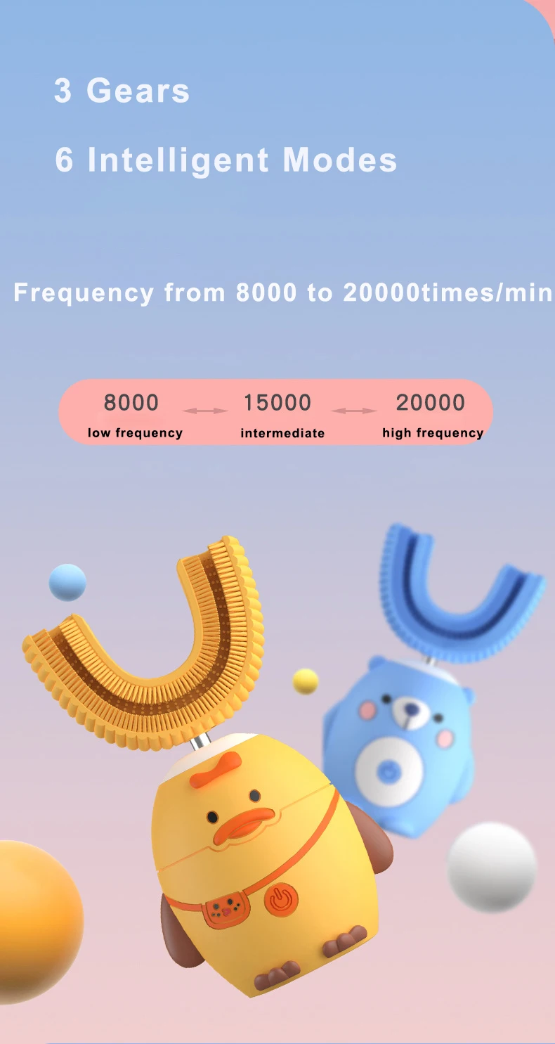 360 Grad automatische U-Form Kinder elektrische Zahnbürste wiederauf ladbare Smart Kids Sonic Zahnbürste Silikon Cartoon blaues Licht – Detail 2
