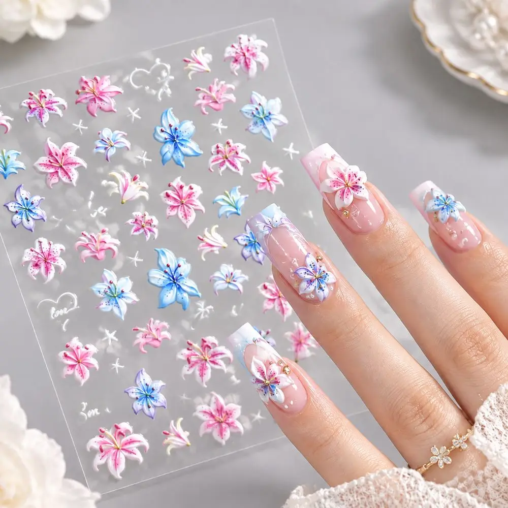 1Pc Star Heart Lily Flower Nail Decoration 5D Embossed Self Adhesive Stickers Decals for Acrylic Nails Manicure Women Gift