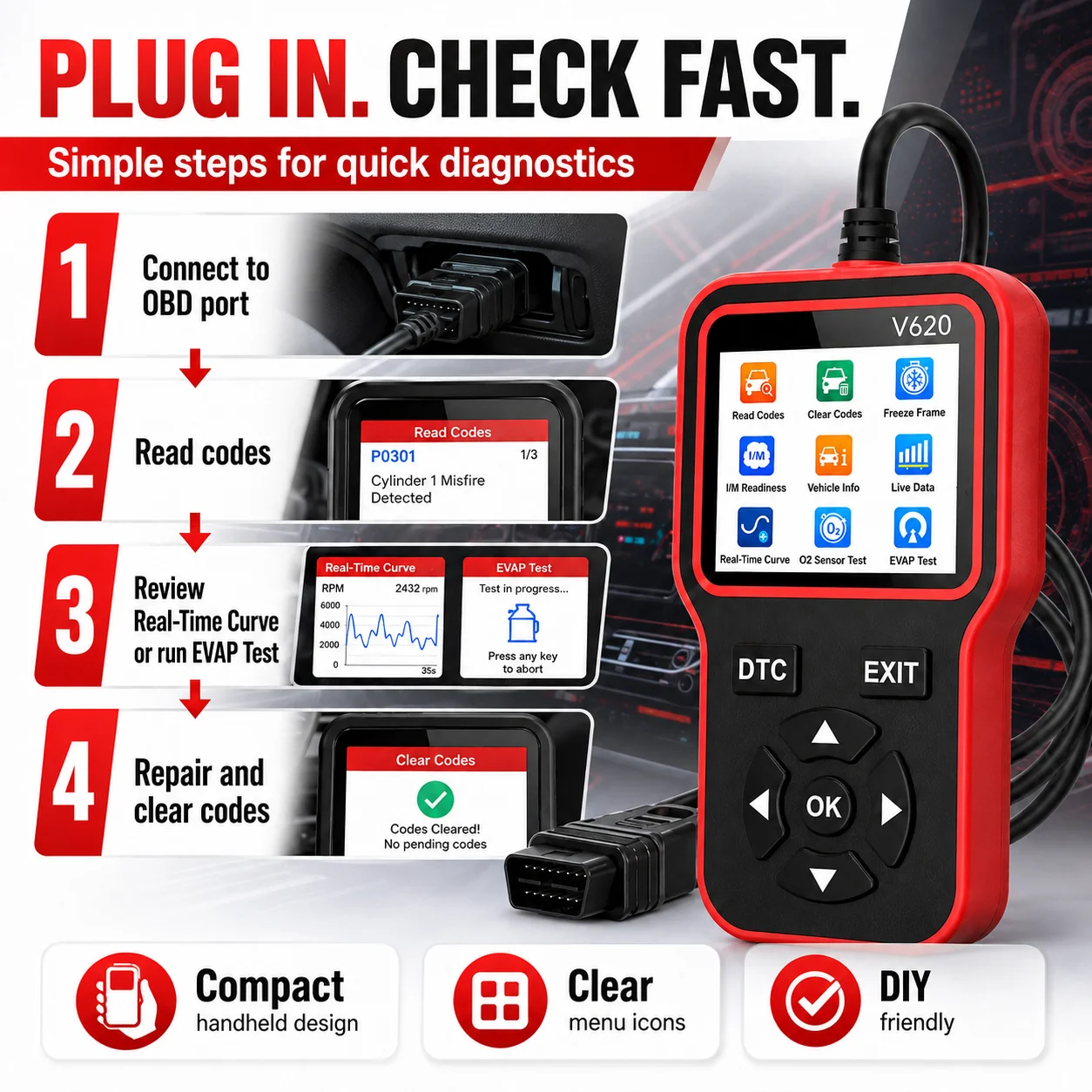 V620Obd2 Scanner, Car Code Reader Obdii Diagnostic Scan Tool, Reads and Clears Engine Fault Codes, Real-Time Data Stream and Real-Time Graph, Evap&O2 Sensor Testing, I/M Readability Check, Compatible with All Obdii Vehicles Manufactured since 1996