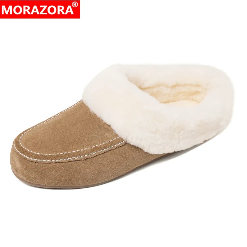 MORAZORA Size 35-42 Cow Suede Leather Women Loafers Casual Shoes Nature Wool Warm Winter Shoes Flats Female Shoes Snow Booties