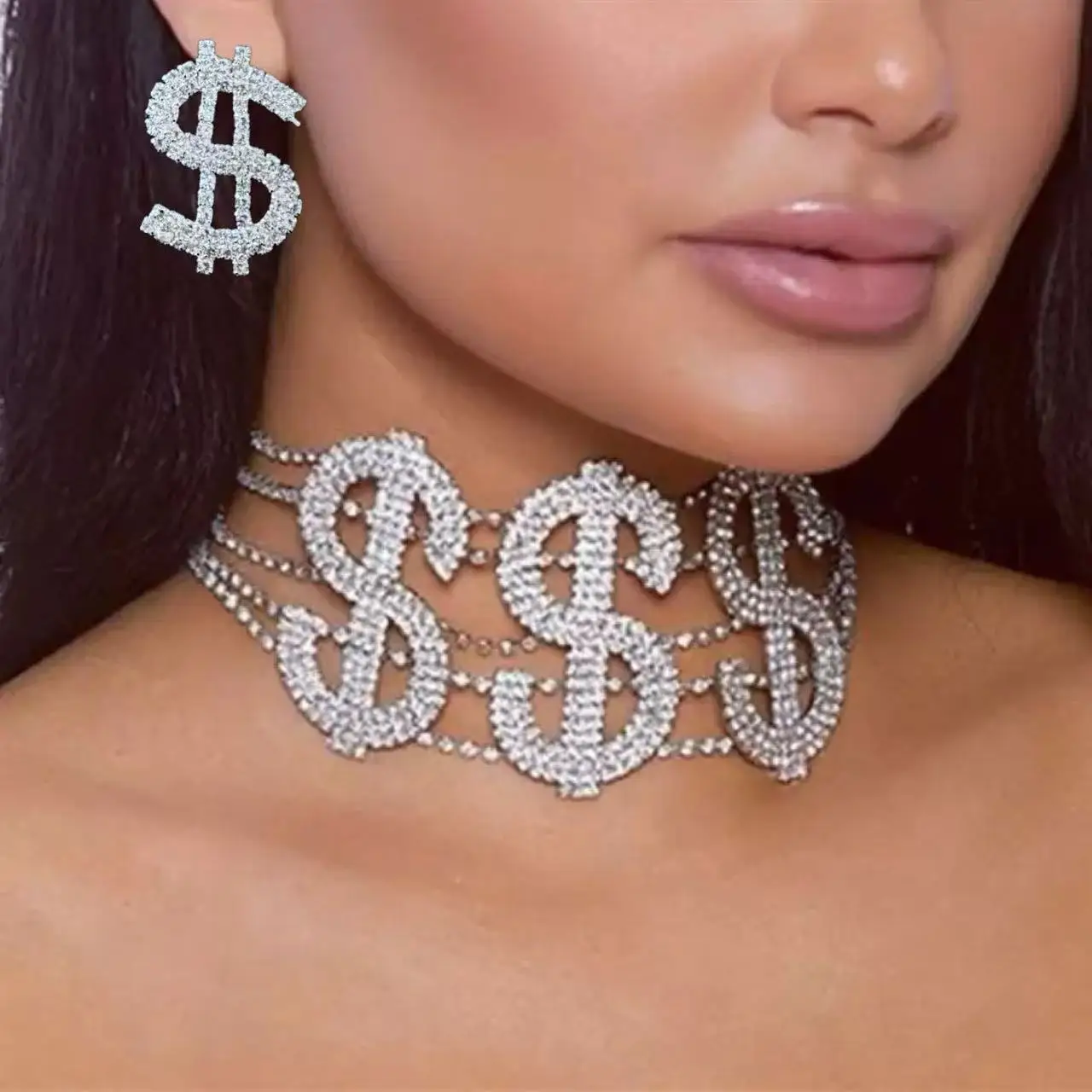 2-Piece Set Statement Rhinestone Chain Dollar Necklace Earring Choker for Women Multilayer Chain Choker Crystal Jewelry Party Ac