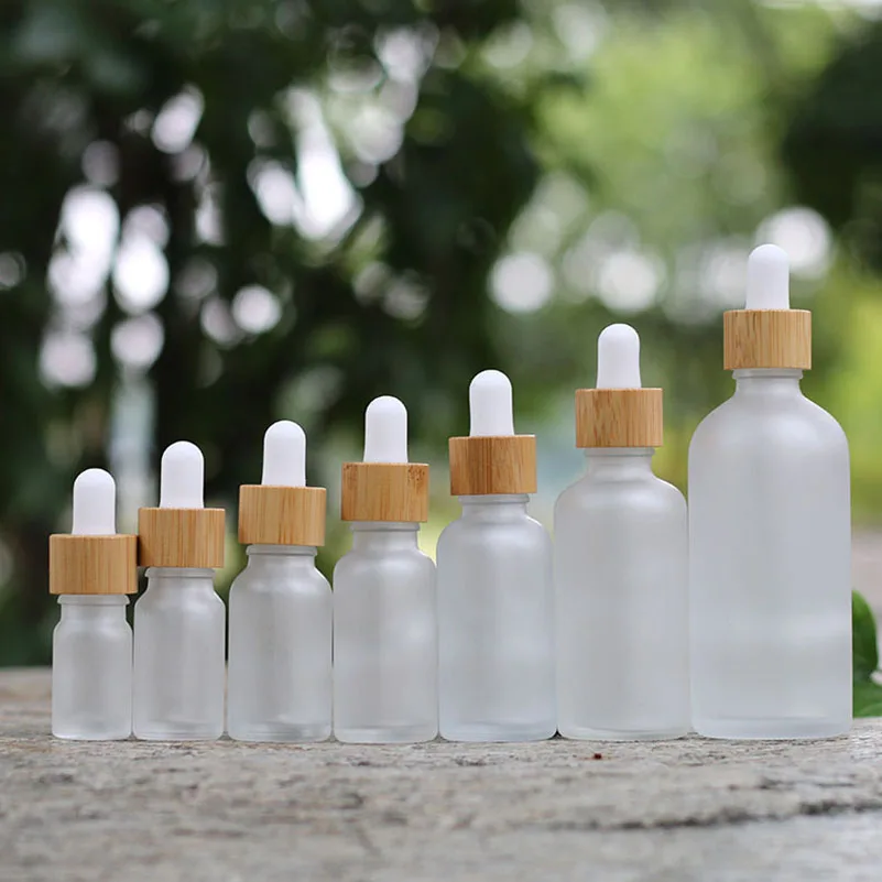 10 Pack 5ml 10ml 15ml 30ml 50ml Frosted Essential Oil Aromatherapy Glass Bottle Jar Dropper Bottle With Bamboo Dropper Cap