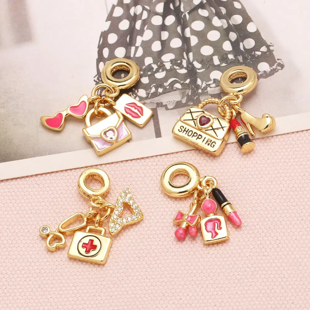 OCESRIO Fuchsia Enamel Make-up Pendant for Necklaces Copper Gold Plated Shopping Bag Handmade Jewelry Making Component pdtb745