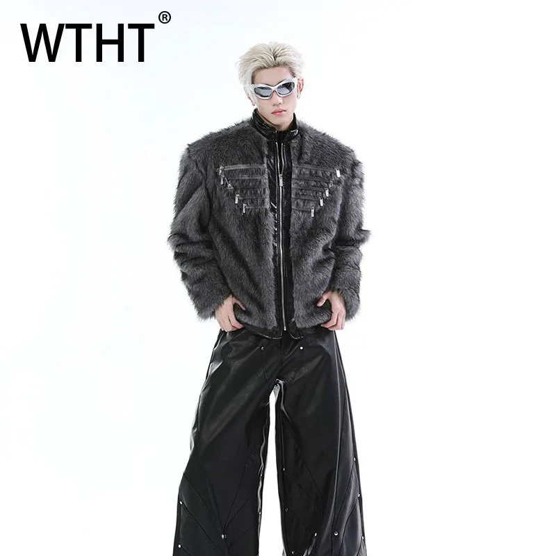 

WTHT Trendy 2025 Autumn Men's Splcied Leather Thicken Faux Fur Coats Fashion High Street Stand Collar Jackets Male 2A2265