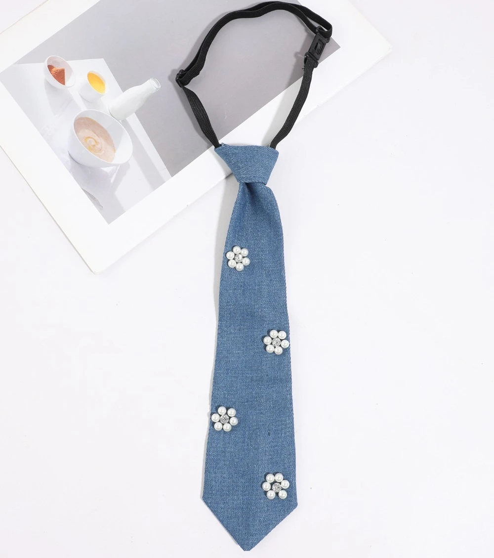 New Casual Women's Denim Pearl Neck Tie Clip-on Sweet Cool Style for Student School Shirt Collar Daily Party Jewelry