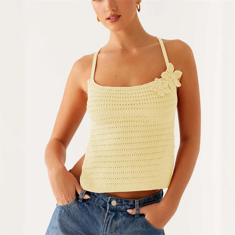 Women's Sexy Backless Lace-Up Crochet Bikini Top Vest Brazilian Biquini Knitted Swimsuit Beach Cover up Swimwear Camis