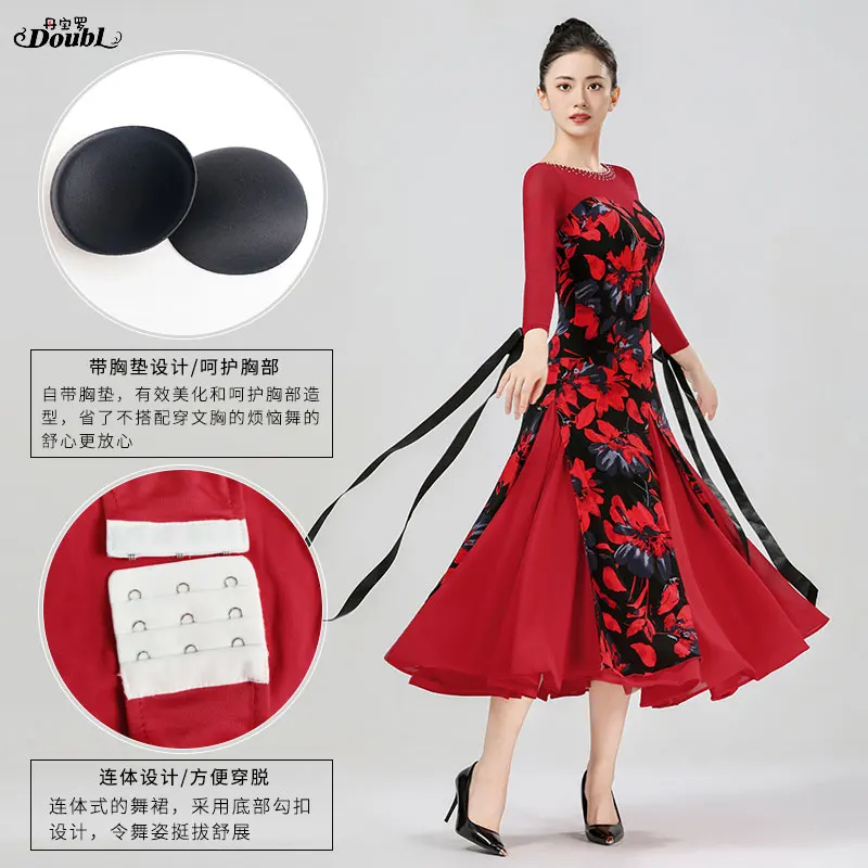 Doubl Morden Dance New Ballroom Dance Waltz Women's Dress Dance Set Practice Dress Long Sleeves