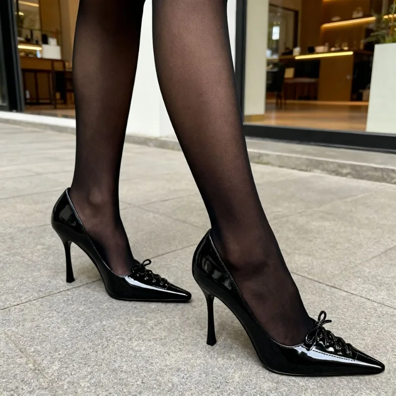 Women's Shoes Large Size 39 40 New Black Lace Up Bow Pointed Toe Shallow Mouth Single Shoes 10CM Party Nightclub Dress Shoes