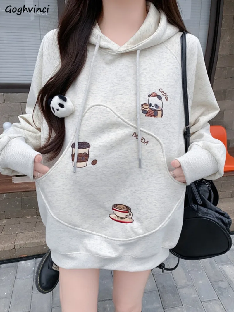 With Hat Hoodies Women Embroidery Design Pockets Casual Daily Loose Fit Streetwear Students Autumn Winter Popular Korean Fashion